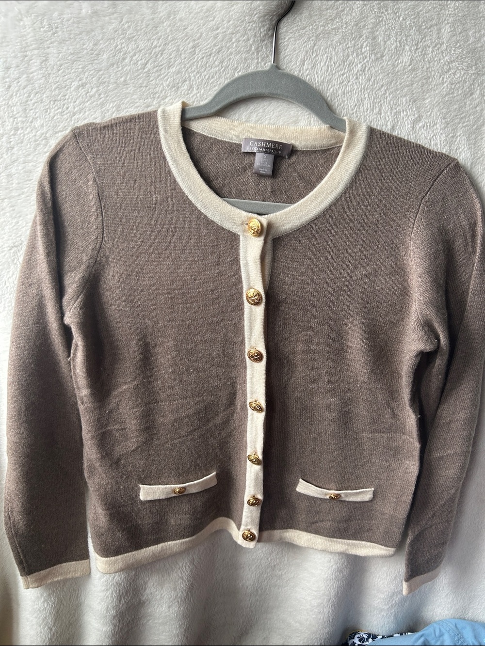 Cashmere by charter club Taupe Crewneck Cardigan with Cream Trim